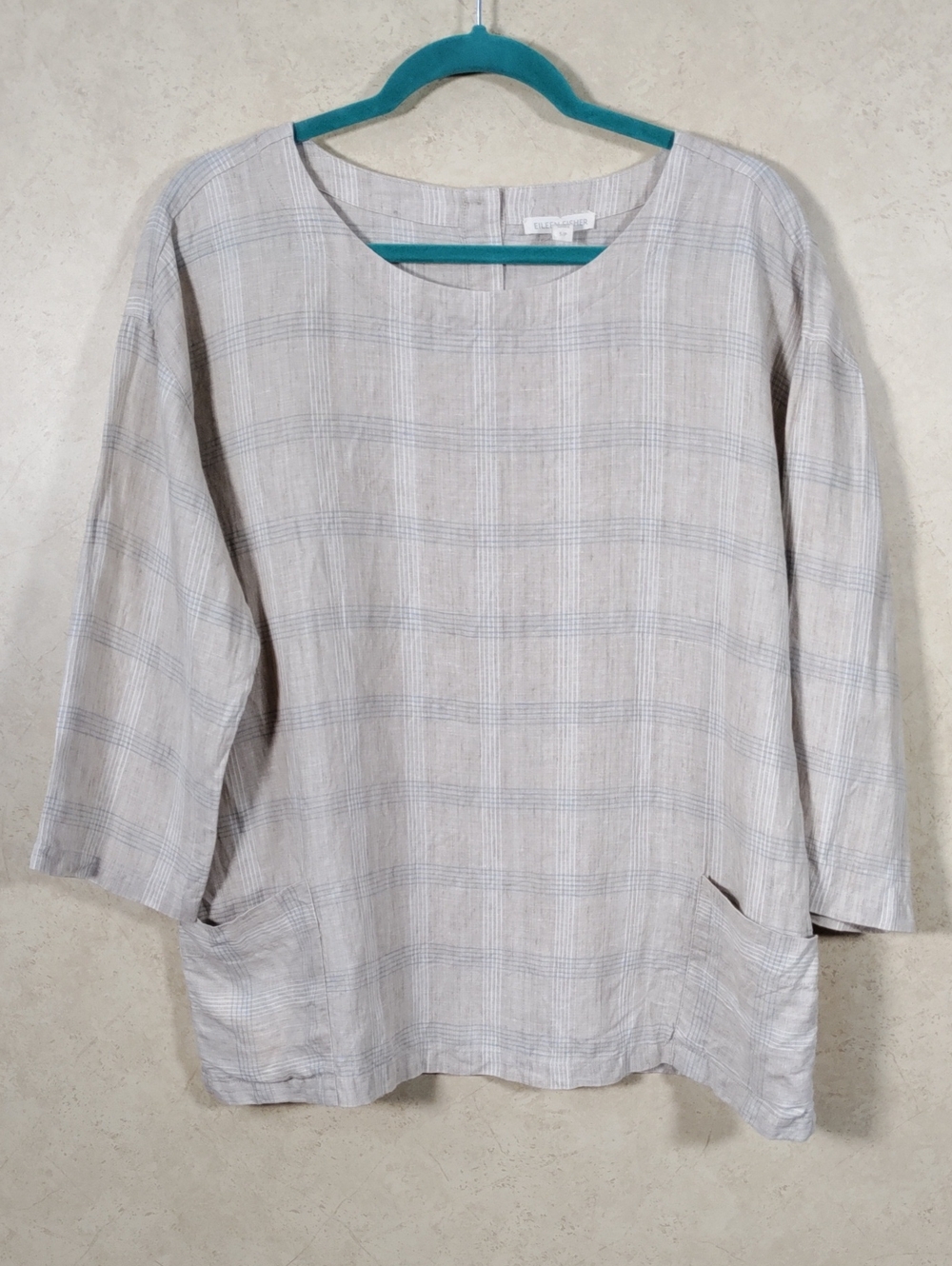 I196 Eileen Fisher Tan & Blue Plaid Organic Linen Tunic S